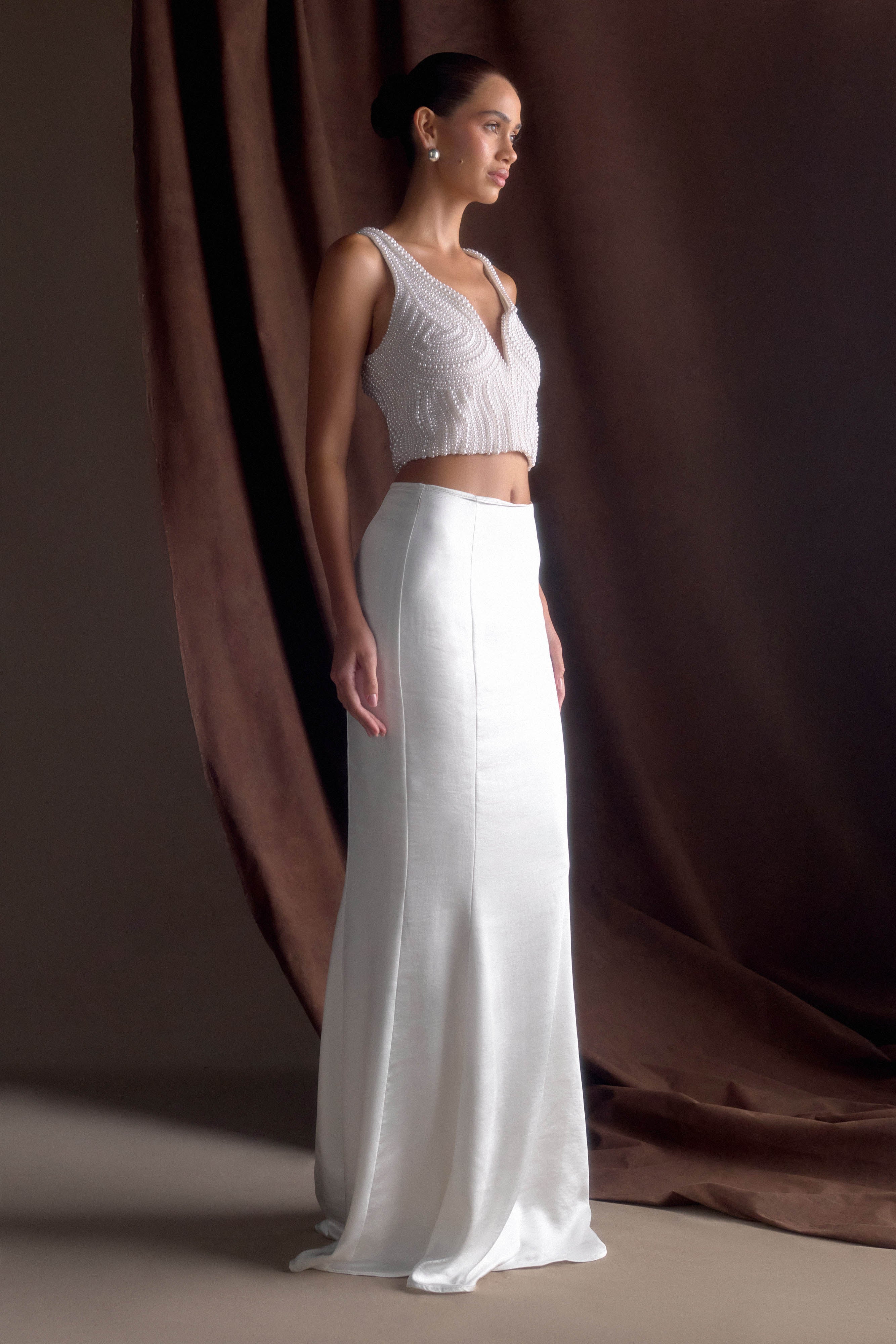 Khloe Satin Fishtail Maxi Skirt - White、mySite、solidvoid