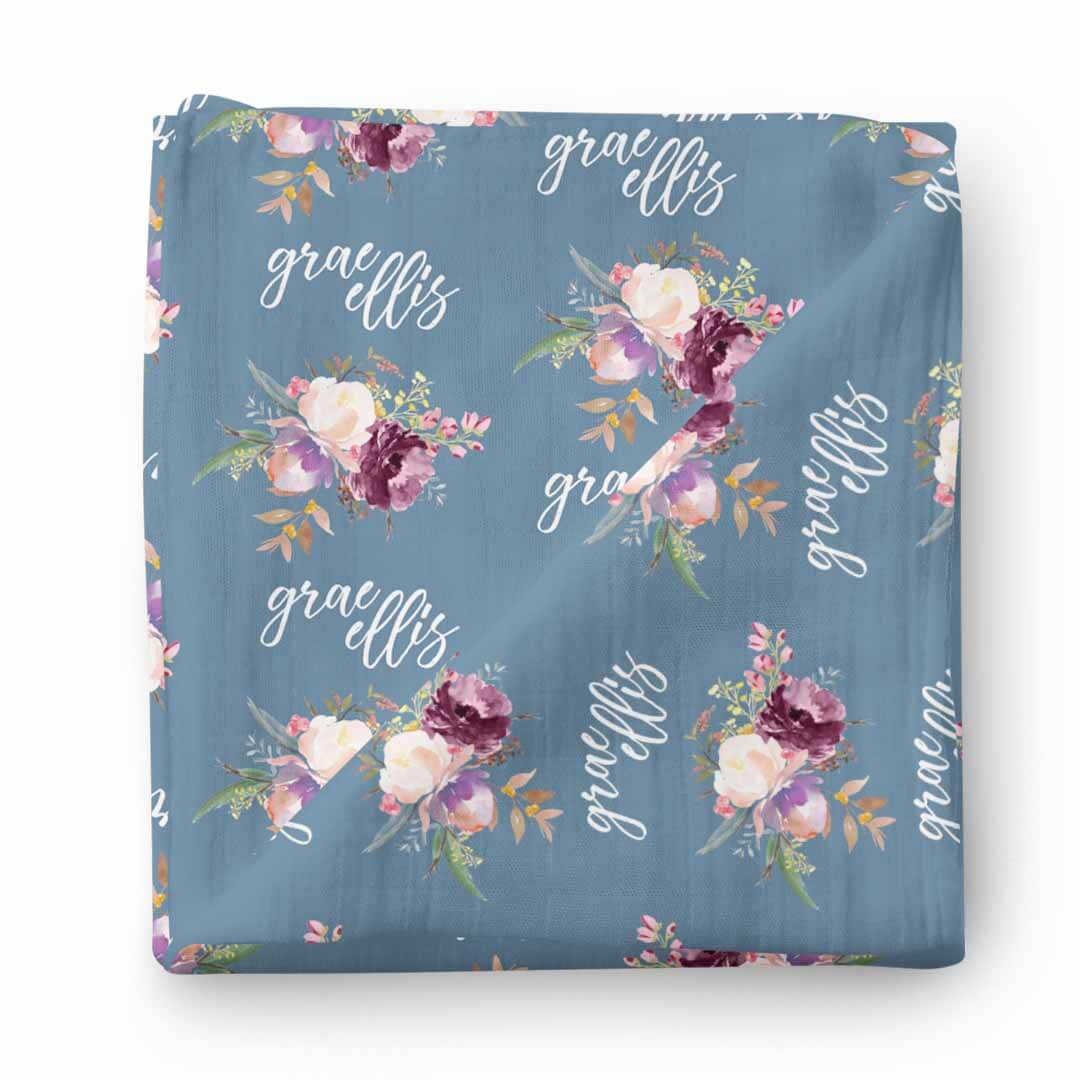  Grae's Dusty Blue Floral Personalized Baby Name Swaddle Blanket、mySite、layawaytickets
