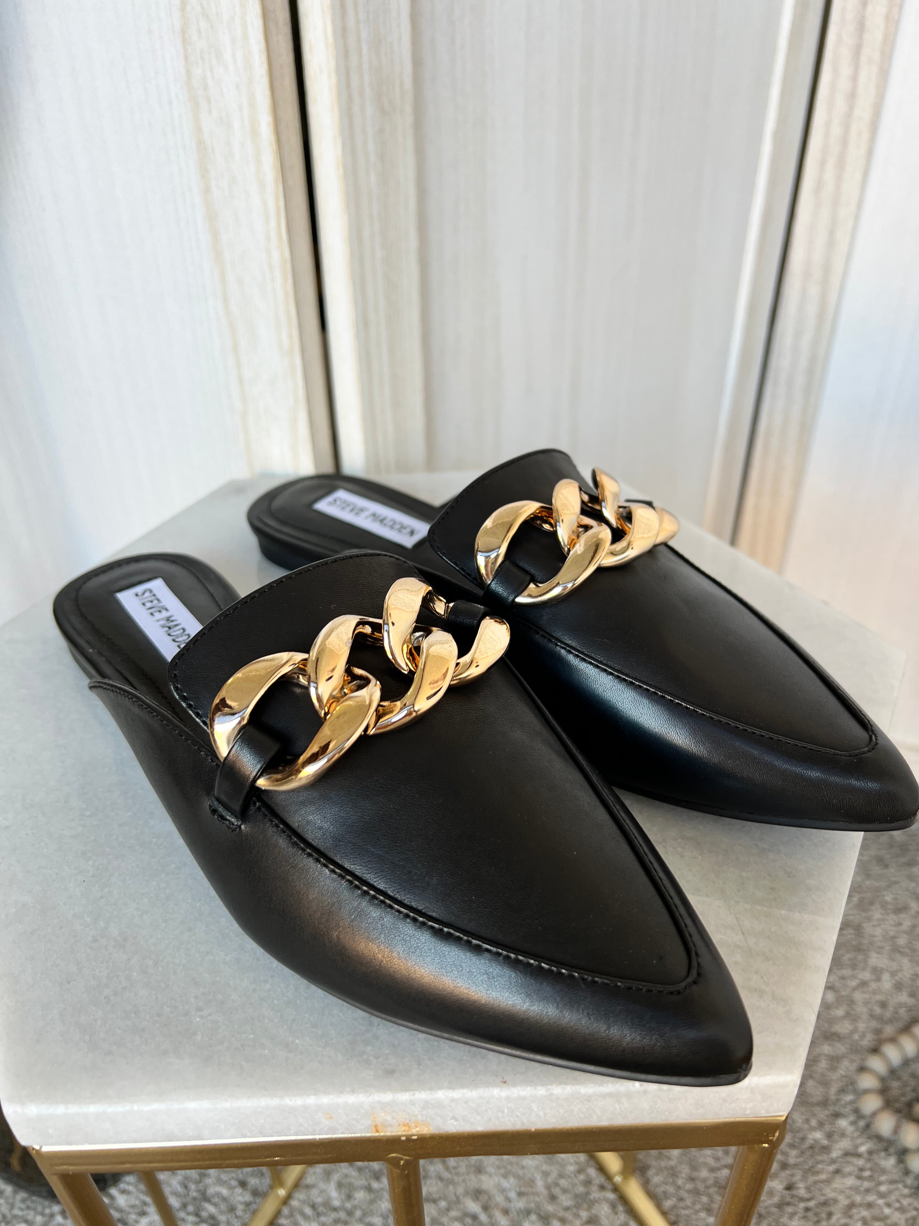 Steve Madden Fleur Black Chain Mules、mySite、garagedoors4me