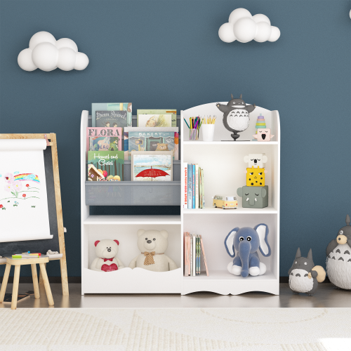 Kids Bookcase and Bookshelf, Multifunctional Bookcase with 3 Collapsible Fabric Drawers, Bookcase Display Stand, Toy Storage Organizer for Bedroom, Playroom, Hallway (White/Pink)、、casual