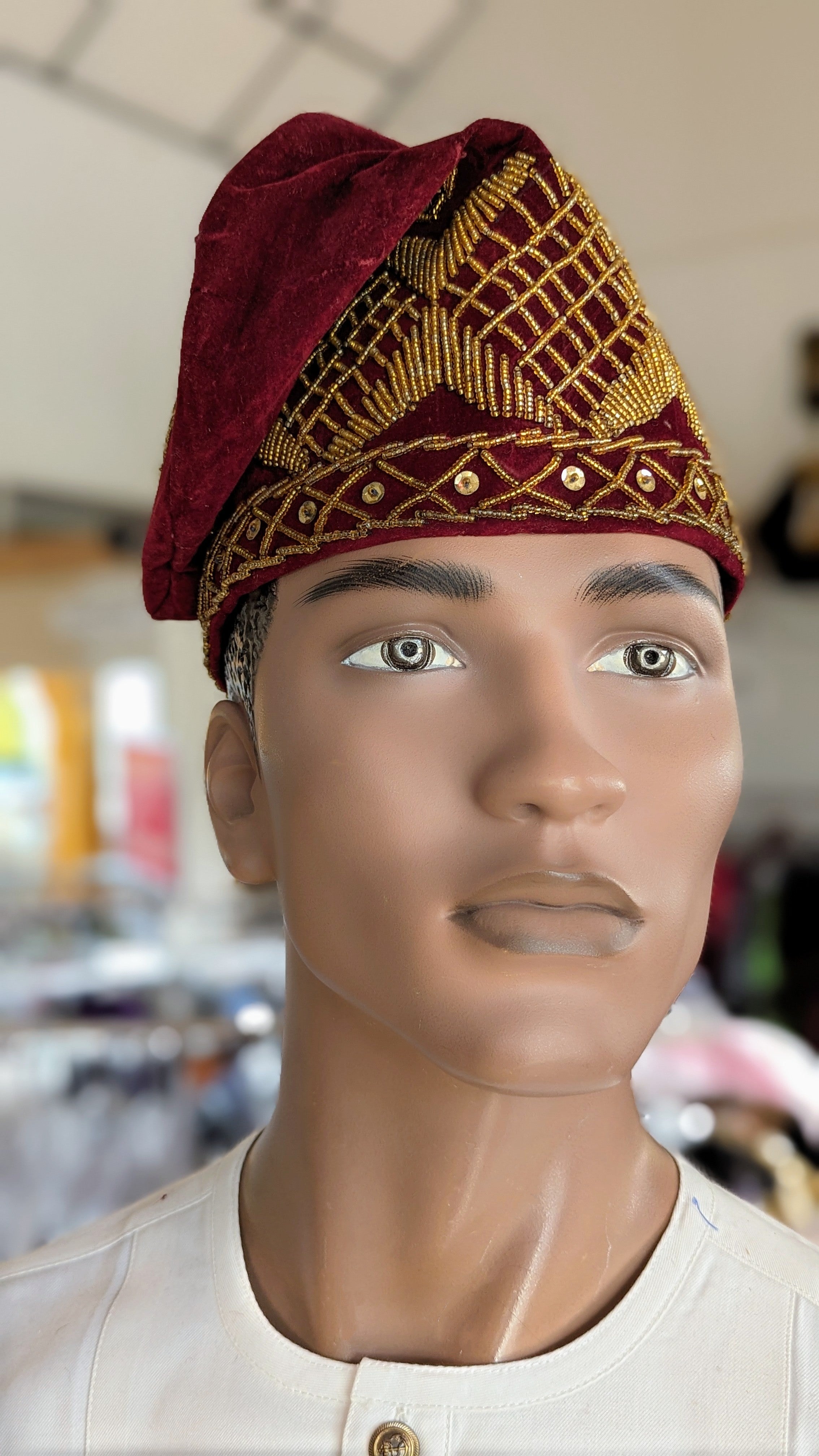 Dupsie's Zamani Burgundy Velvet Fila Cap Kufi hat with Gold embroidery DPHVHBG3、mySite、solidvoid