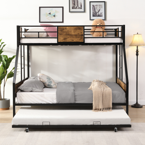 Twin Over FULL Metal Bunk Bed with 2 - Side Ladder and Full-Length Guardrail, No Box Spring Needed, Large Under Bed Storage, Easy Assemble , Black & Brown、、casual