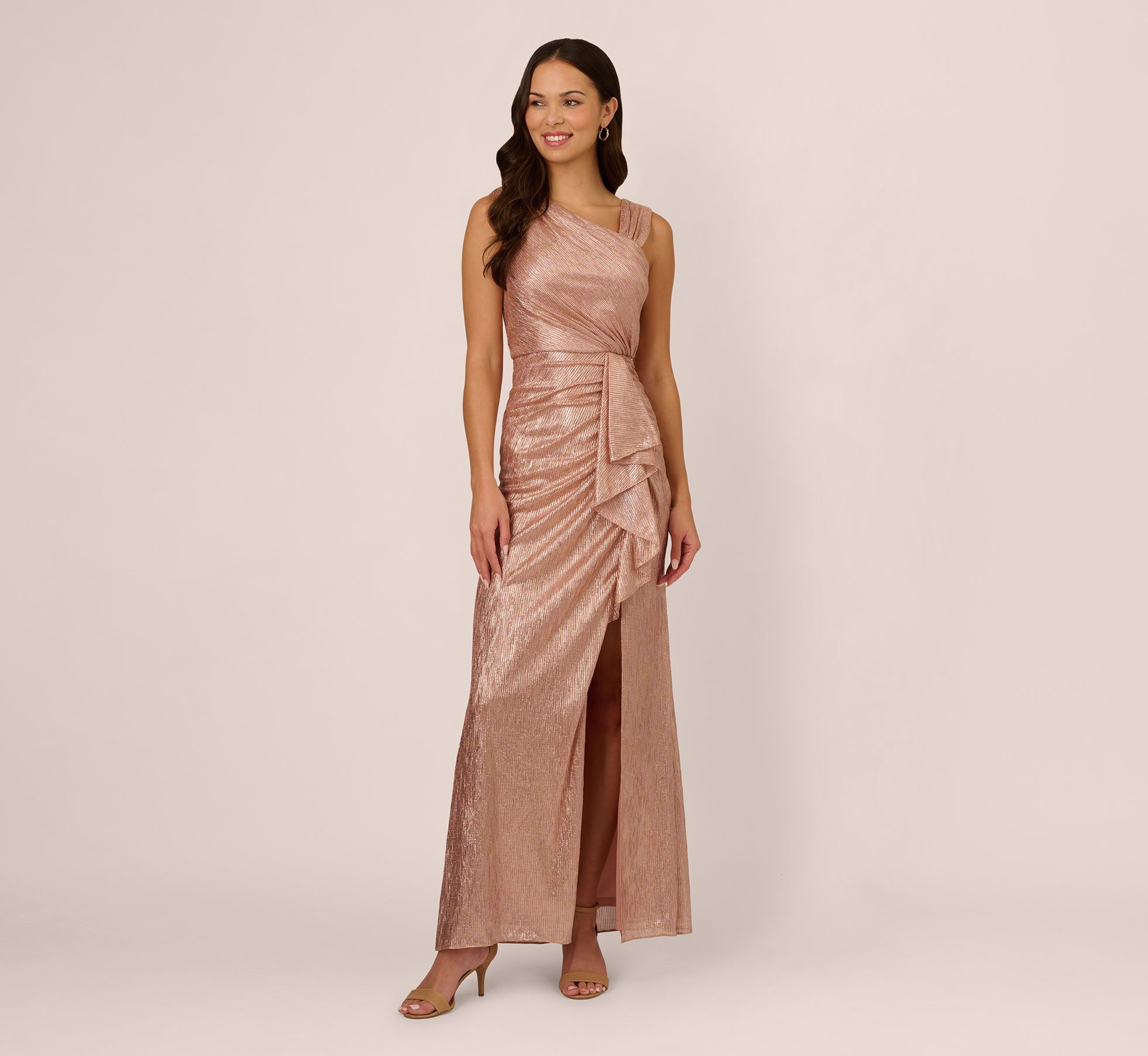 Draped Metallic Foil Long Dress In Rose Gold、mySite、solidvoid