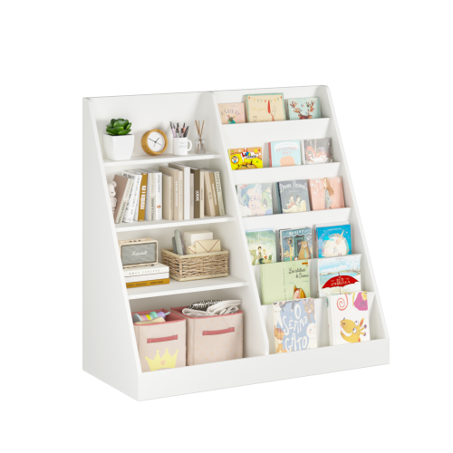 Kids Bookcase and Bookshelf, Multifunctional Bookcase with 3 Collapsible Fabric Drawers, Bookcase Display Stand, Toy Storage Organizer for Bedroom, Playroom, Hallway (White/Gray)、、casual