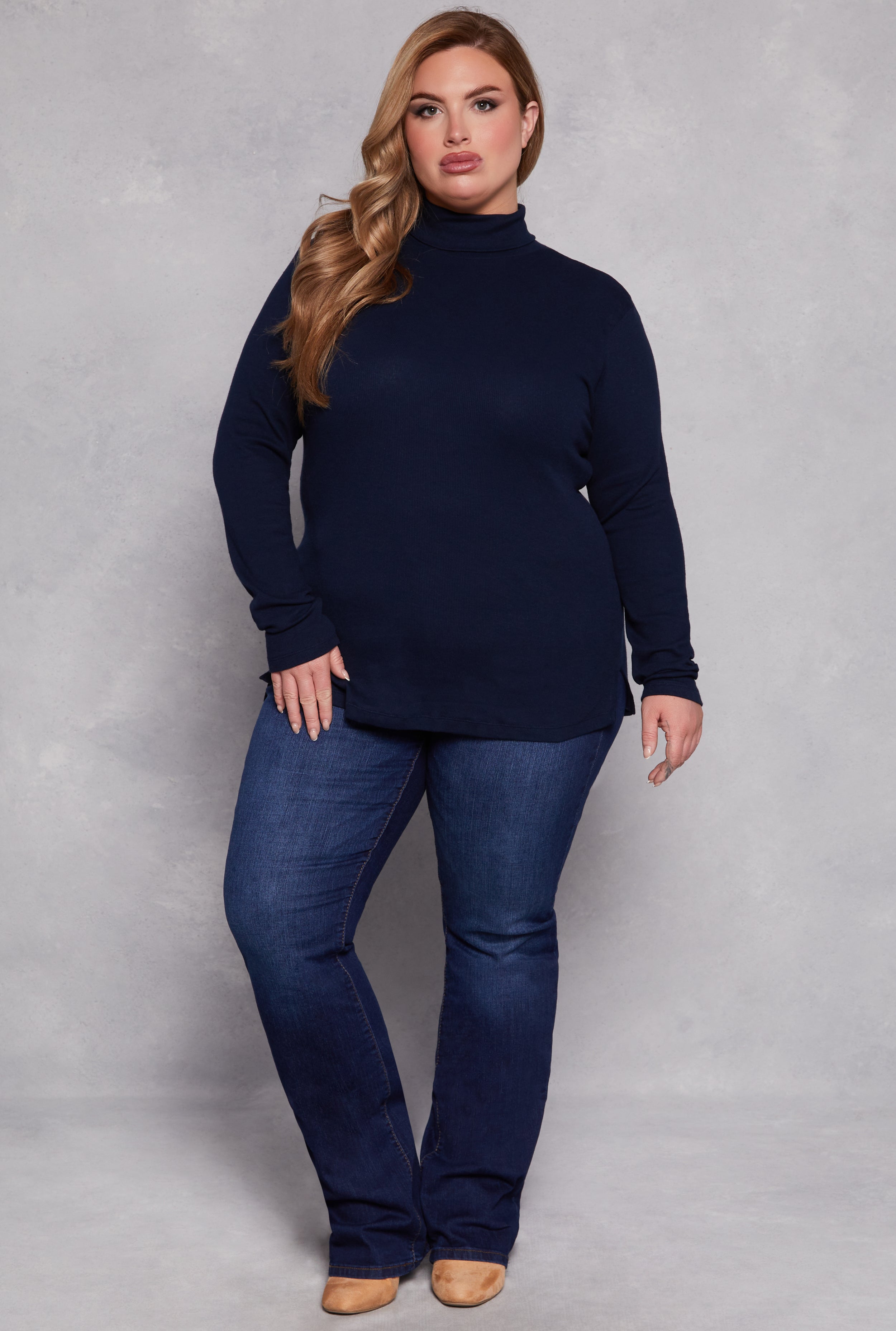 Plus Size Ribbed Knit Long Sleeve Turtleneck Top、mySite、camillekostekn