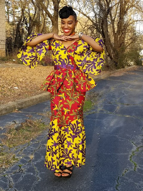 Red Yellow Purple African Print Peplum Top and Skirt-DP3941TS、mySite、solidvoid