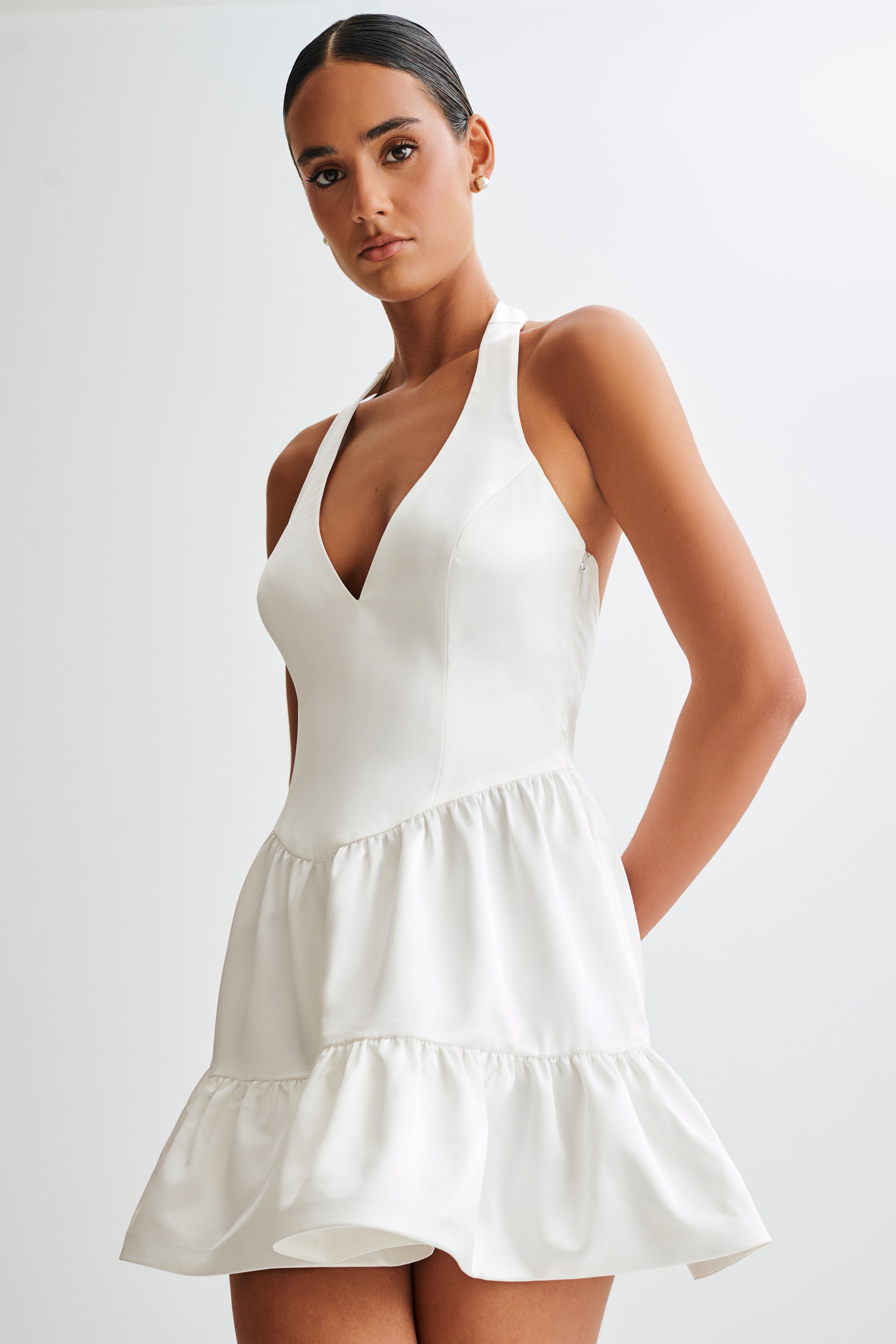 Holly Satin Structured Halter Mini Dress - White、mySite、solidvoid