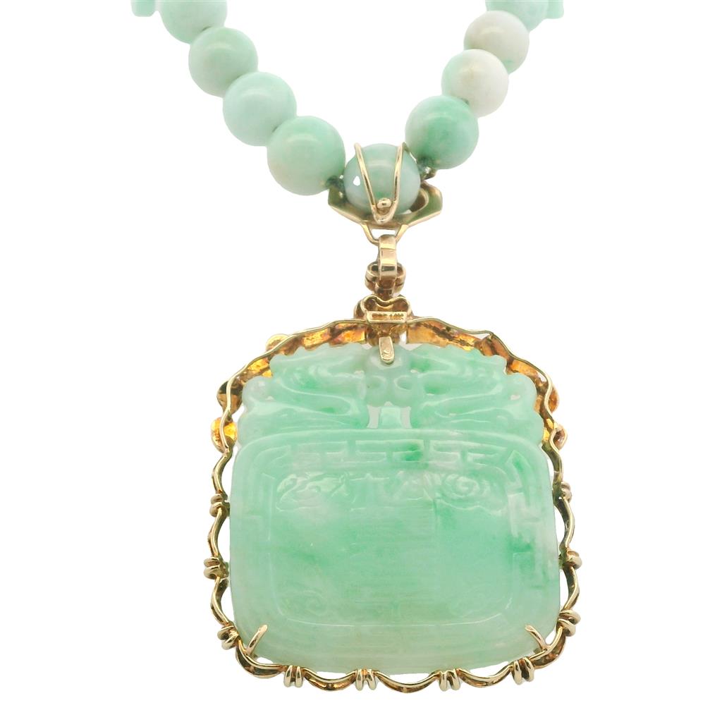  Estate 14K Yellow Gold Jade & Diamond Necklace