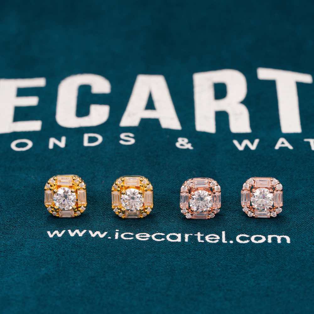 Moissanite Baguette Halo Stud Earrings 14K Gold、mySite、hinf8tx79