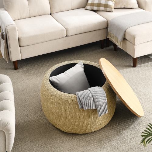 Round Storage Ottoman, 2 in 1 Function, Work as End table and Ottoman, Grey (25.5"x25.5"x14.5")、、casual