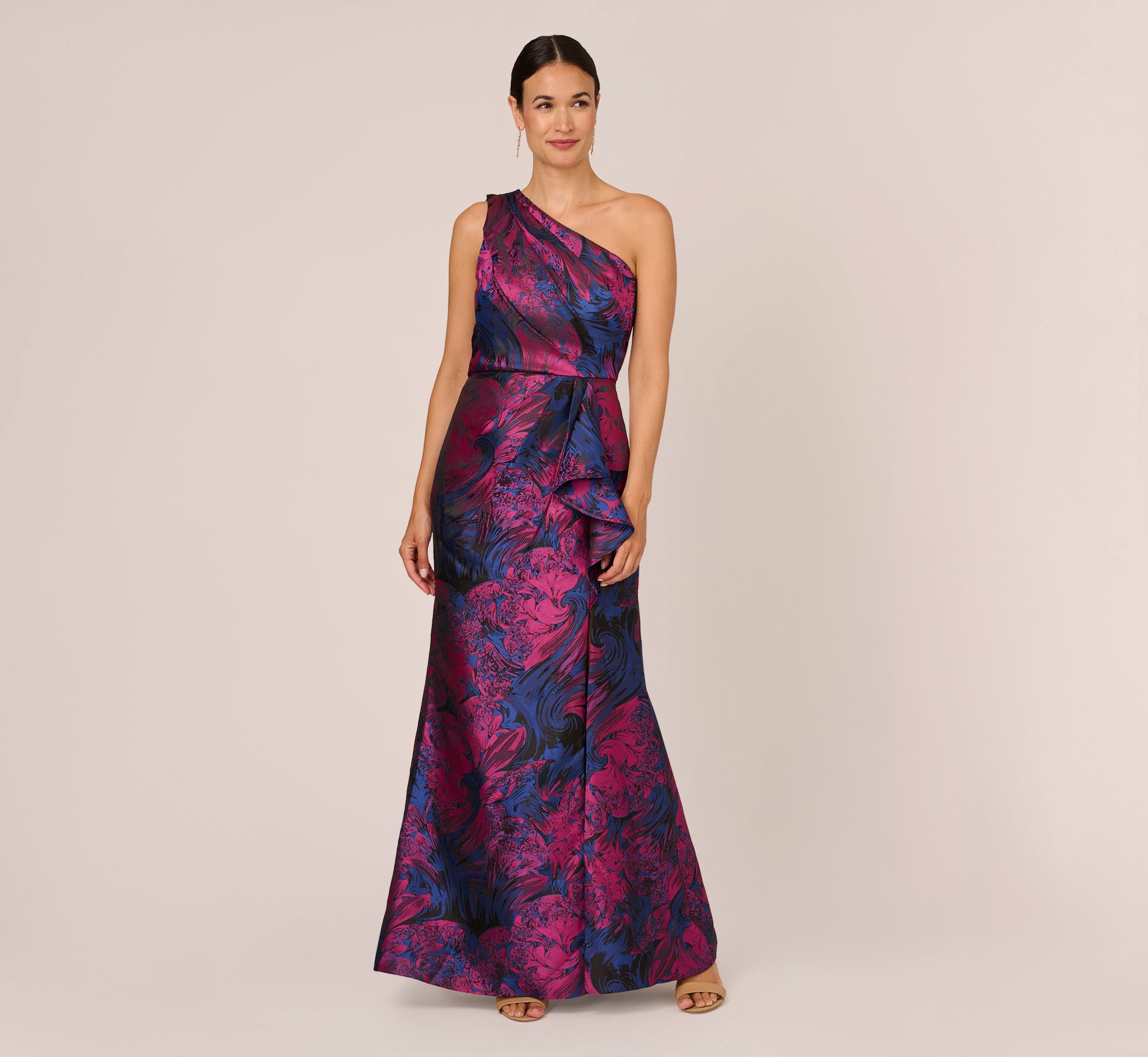 One Shoulder Jacquard Mermaid Gown With Drape Detail In Navy Orchid、mySite、solidvoid