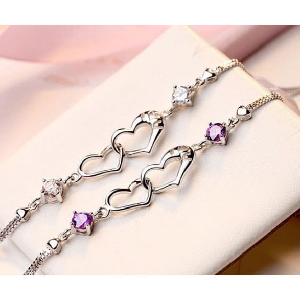Sterling Silver Heart Bracelets in Clear or Purple CZ, Beautiful Gift!、mySite、g9winljtr