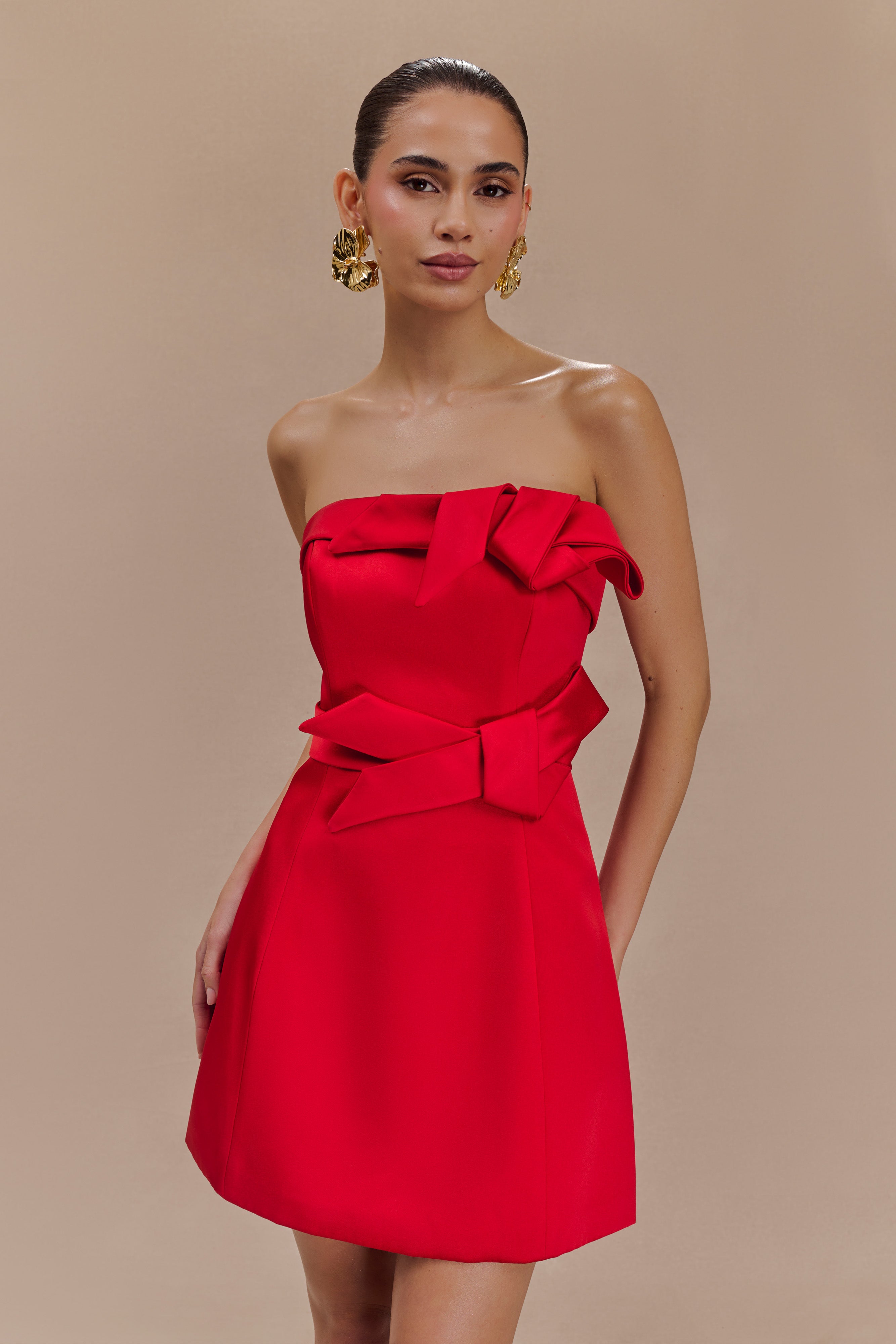 Tatiana Satin Strapless Bow Mini Dress - Red、mySite、solidvoid