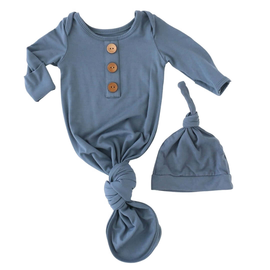  Solid Dusty Blue Bamboo Baby Knot Gown & Hat、mySite、layawaytickets
