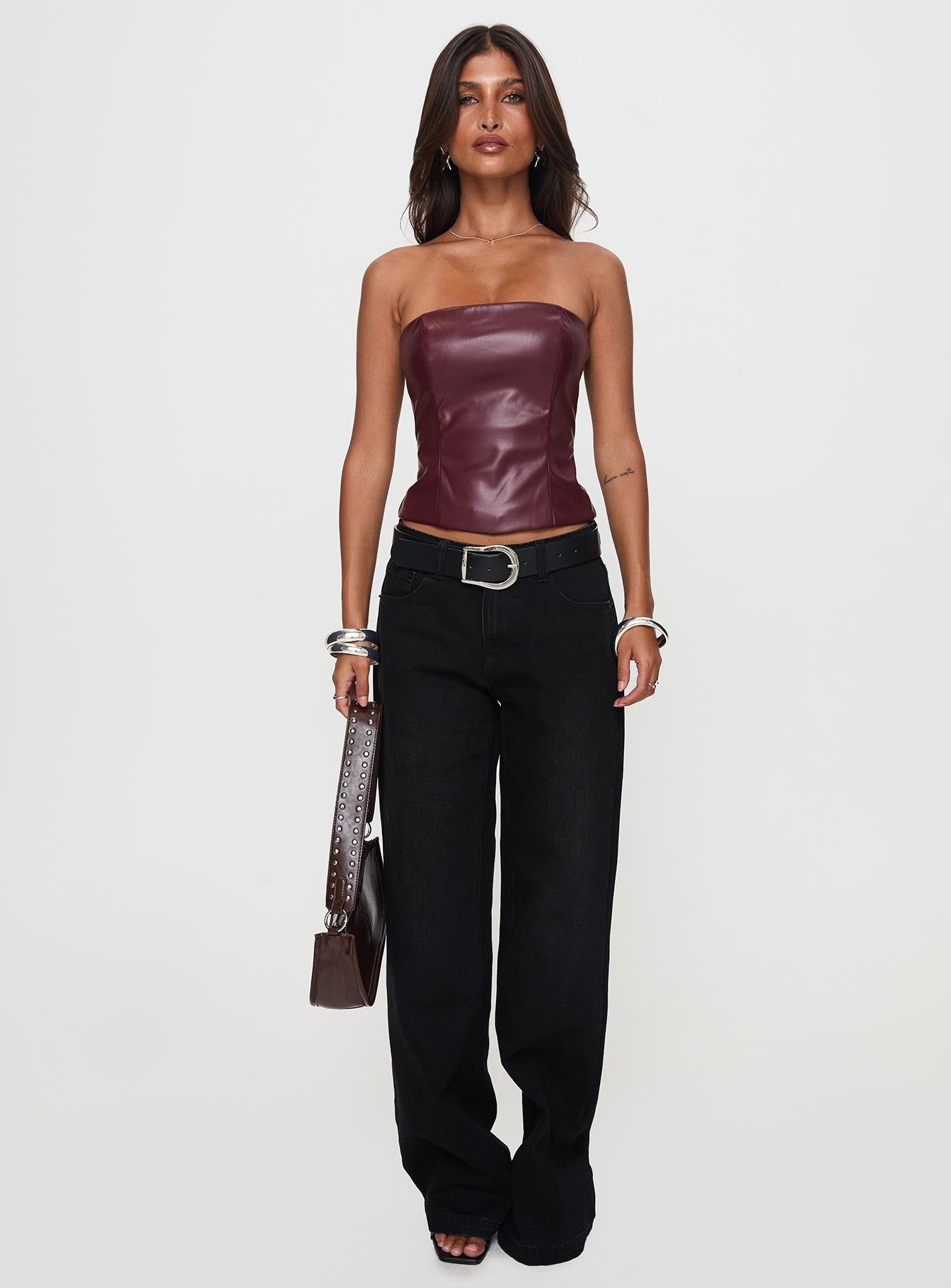 Oaklee Strapless Faux Leather Top Burgundy、mySite、solidvoid