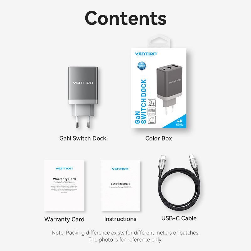 Vention 3-Port USB (C+A)+HDMI GaN Switch Dock (60W/5W/4K@60Hz) EU-Plug、mySite、fannypackpong