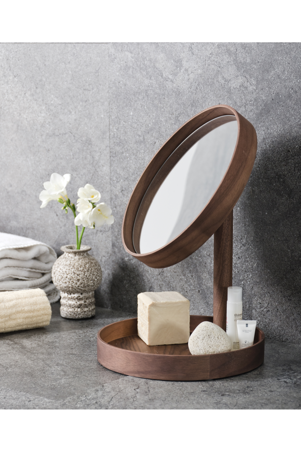 Walnut Magnifying Vanity Mirror with Storage Tray | Wireworks Look、mySite、neckold