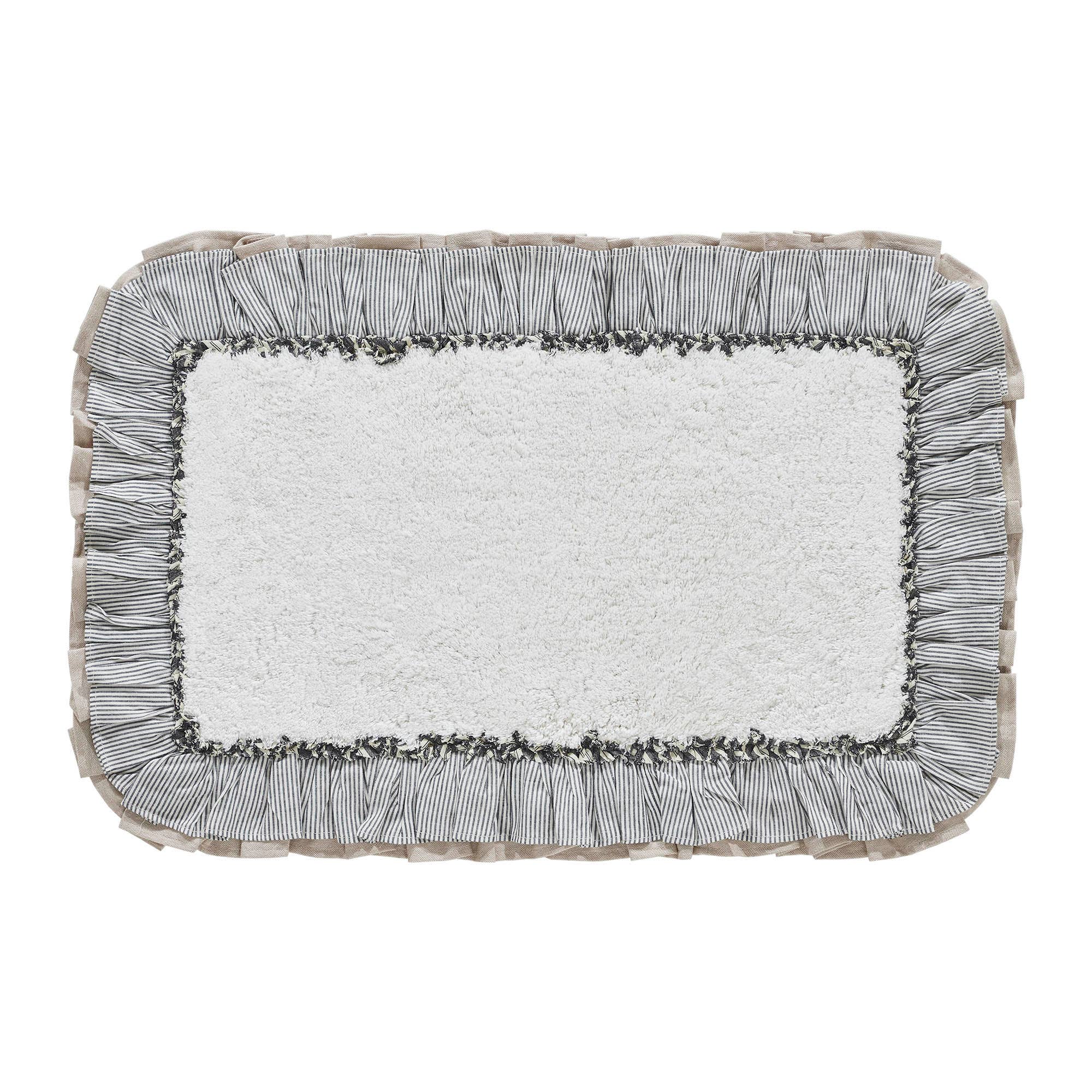 Ashmont Farmhouse Bath Mat-Cream with Blue Stripe & Burlap Ruffles、mySite、g9winljtr