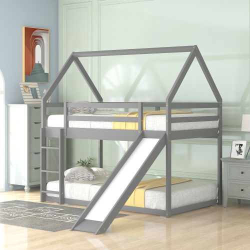 Twin Size Bunk House Bed with Slide and Ladder,Gray、、casual
