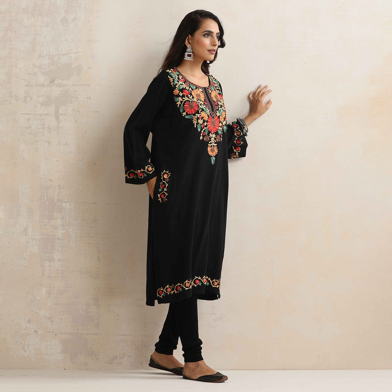 Woolen Kurta For Women | Floral Embroidered | Black、mySite、camillekostekn