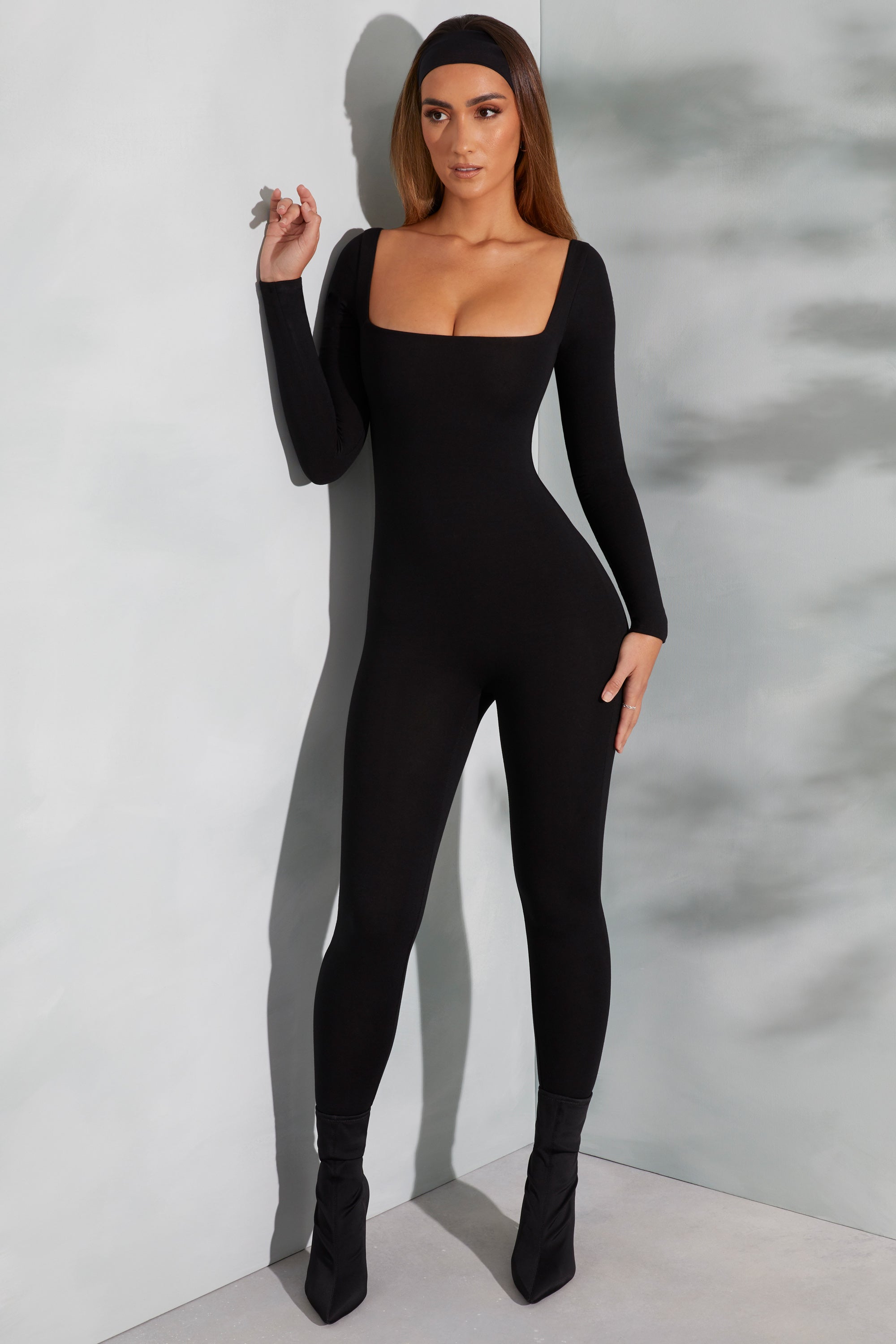 Square Neck Long Sleeve Jumpsuit in Black、mySite、solidvoid