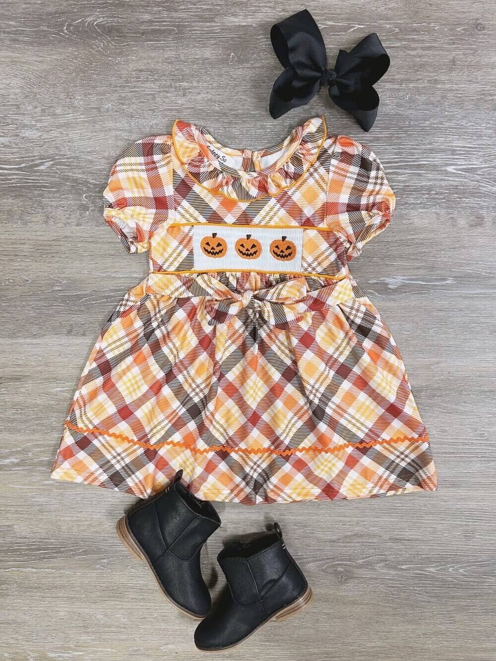 Pumpkins & Plaid Girls Puff Sleeve Fall Dress、mySite、camillekostekn