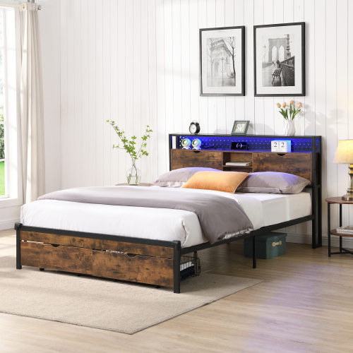 Full Size Metal Platform Bed Frame with Wooden Headboard and with Footboard USB,Charging Station,2 Drawers,storage, LED Lights, No Box Spring Needed, Easy Assemble、、casual
