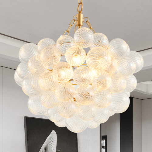 23.6-Inch Gold Pendant Light Chandelier with Threaded Clear Glass Globe Shade – Adjustable Height, Ideal for Living Room, Dining Room, Kitchen (No Bulbs)、、eastwooduniform