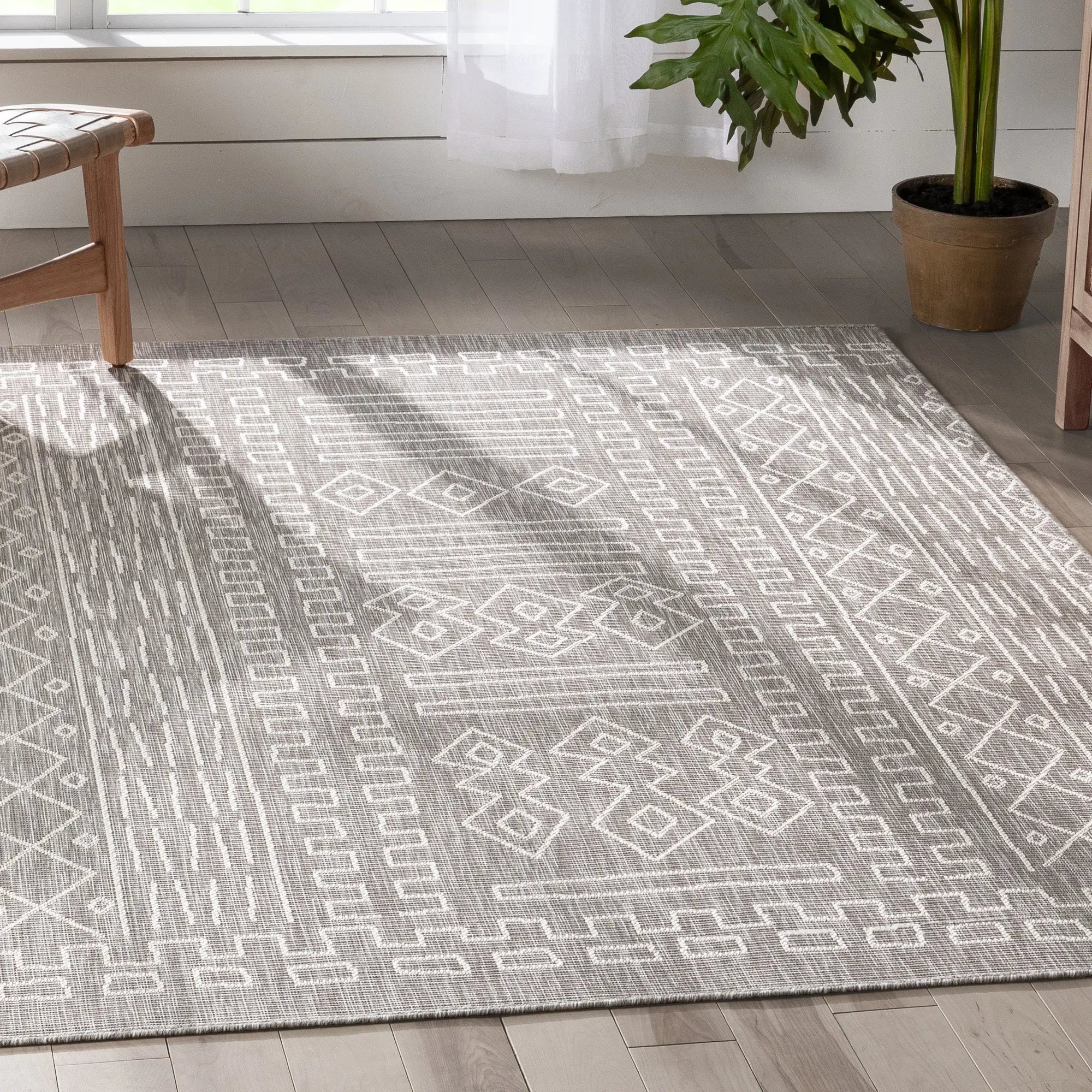 Anza Tribal Geometric Pattern Grey 5'3 x 7'3 Flat-Weave Indoor/Outdoor Rug、mySite、gigharbornorthrealestate