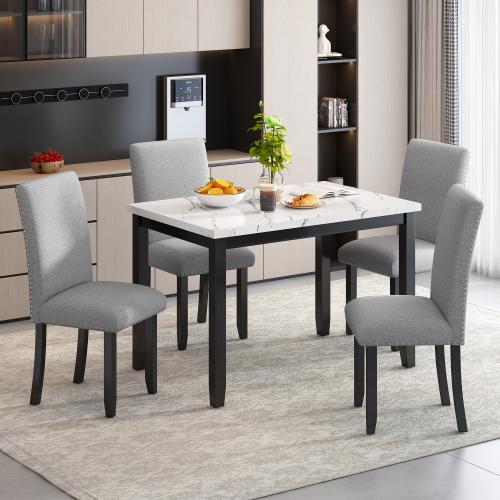 TREXM Faux Marble 5-Piece Dining Set Table with 4 Thicken Cushion Dining Chairs Home Furniture, White/Beige+Black、、casual