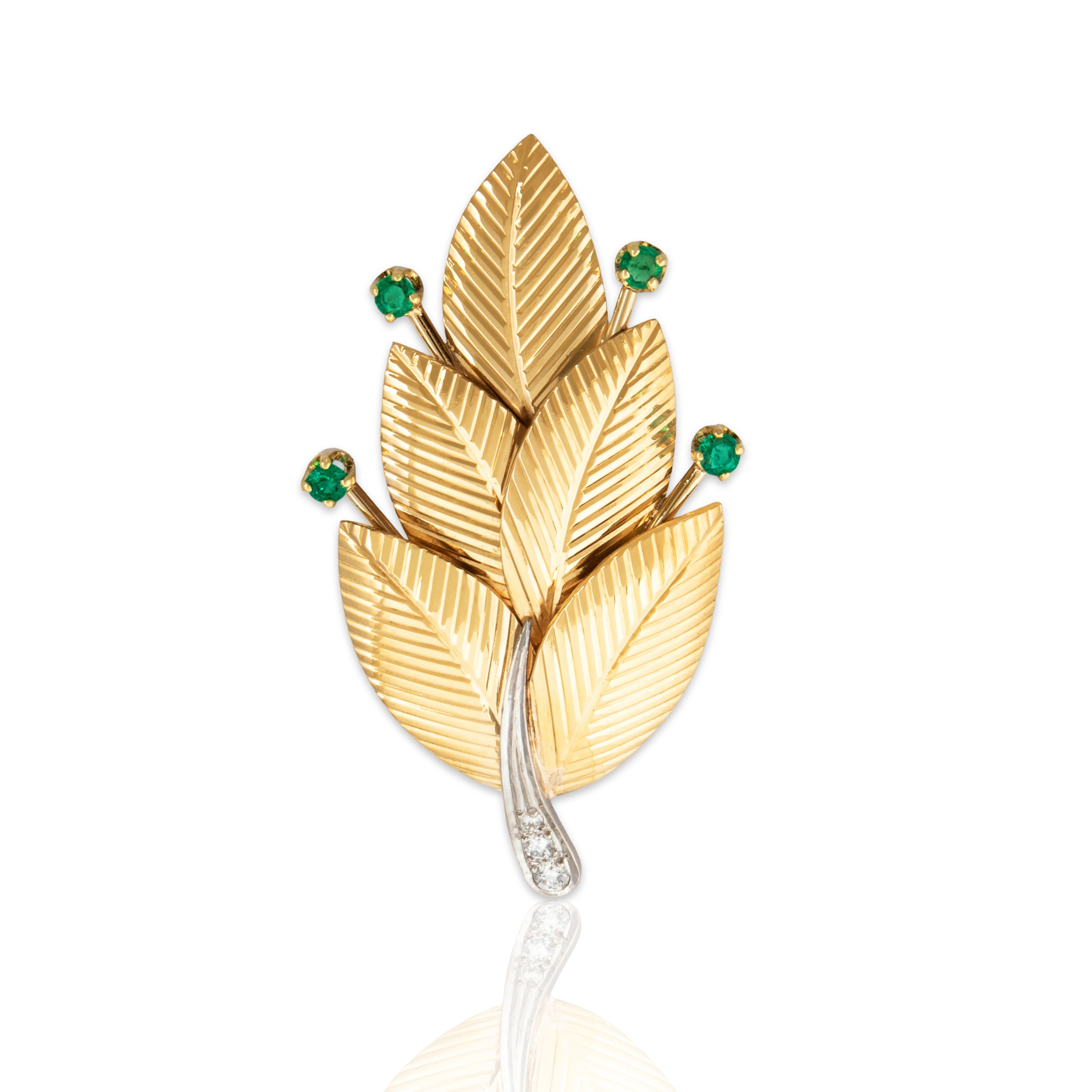 Vintage Large Tiffany & Co. 14k Yellow & White Gold Emerald Diamond Leaf Brooch、mySite、hinf8tx79