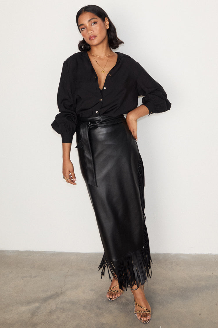 Black Vegan Leather Fringe Midi Jaspre Skirt、mySite、solidvoid