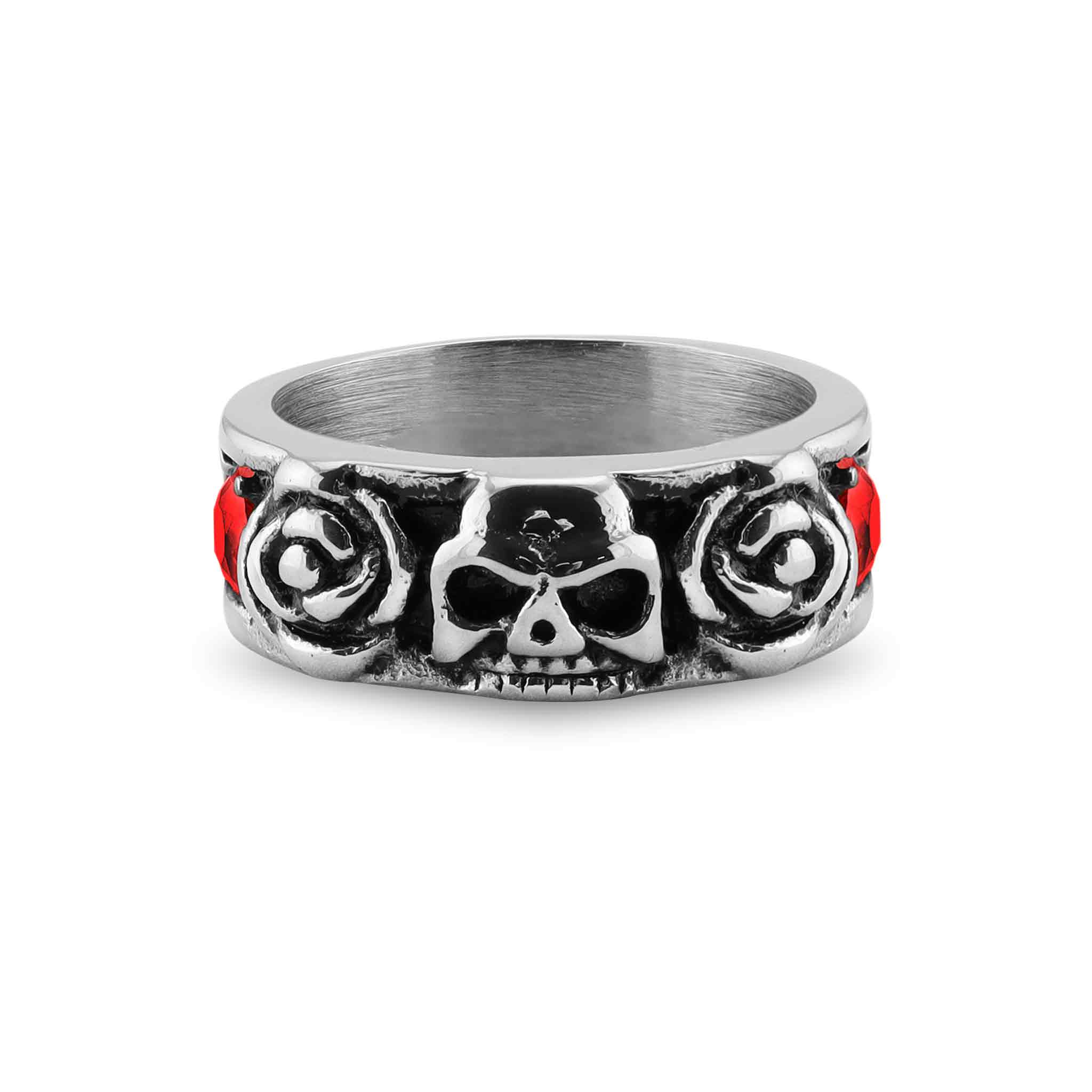 Stainless Steel Skull And Roses Red CZ Accent Ring / SCR3079、mySite、dreamappss