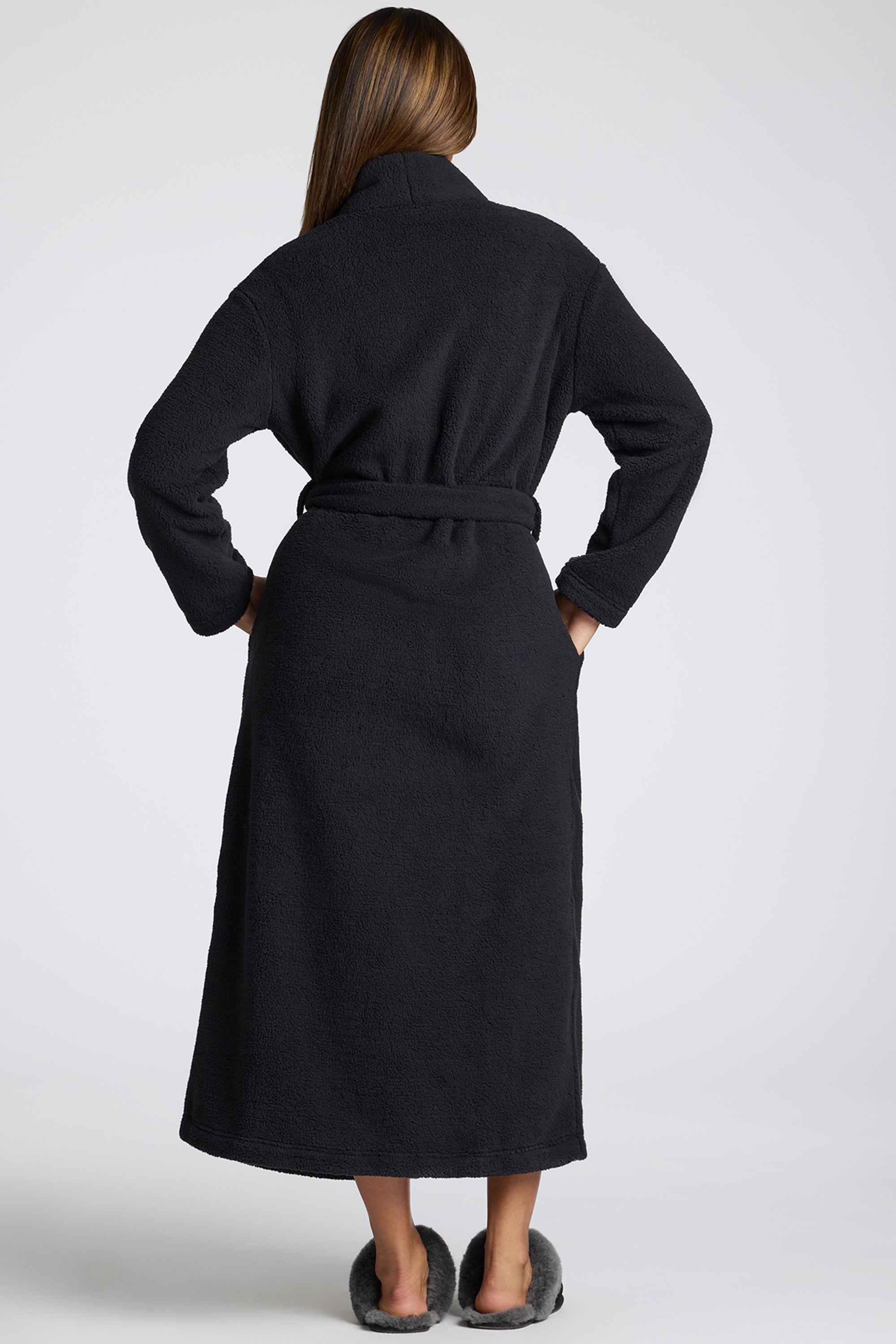 Tie Front Fleece Robe in Black、mySite、solidvoid