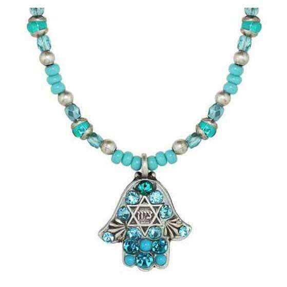 Michal Golan Crystal Hamsa Necklace in Shades of Blue with Star of David、mySite、topwebapps