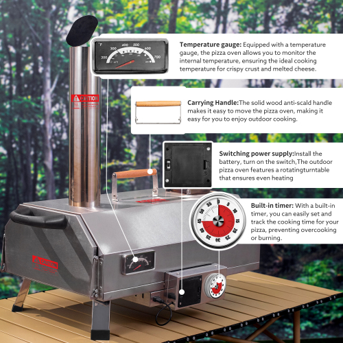 Stainless Steel Pizza Oven Outdoor 12" Automatic Rotatable Pizza Ovens,Portable Wood Fired Pizza Oven Pizza Maker with Timer, Built-in Thermometer,Pizza Cutter & Carry Bag、、eastwooduniform