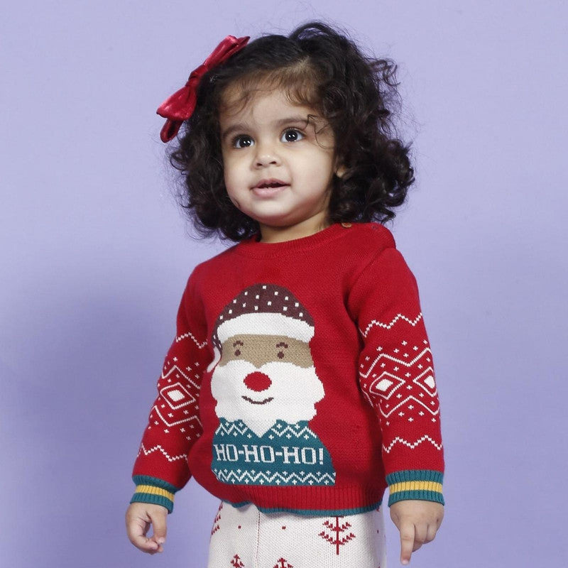 Cotton Jacquard Sweater, Lower & Cap Set | Santa Printed | Cherry Red | Set of 3、mySite、camillekostekn