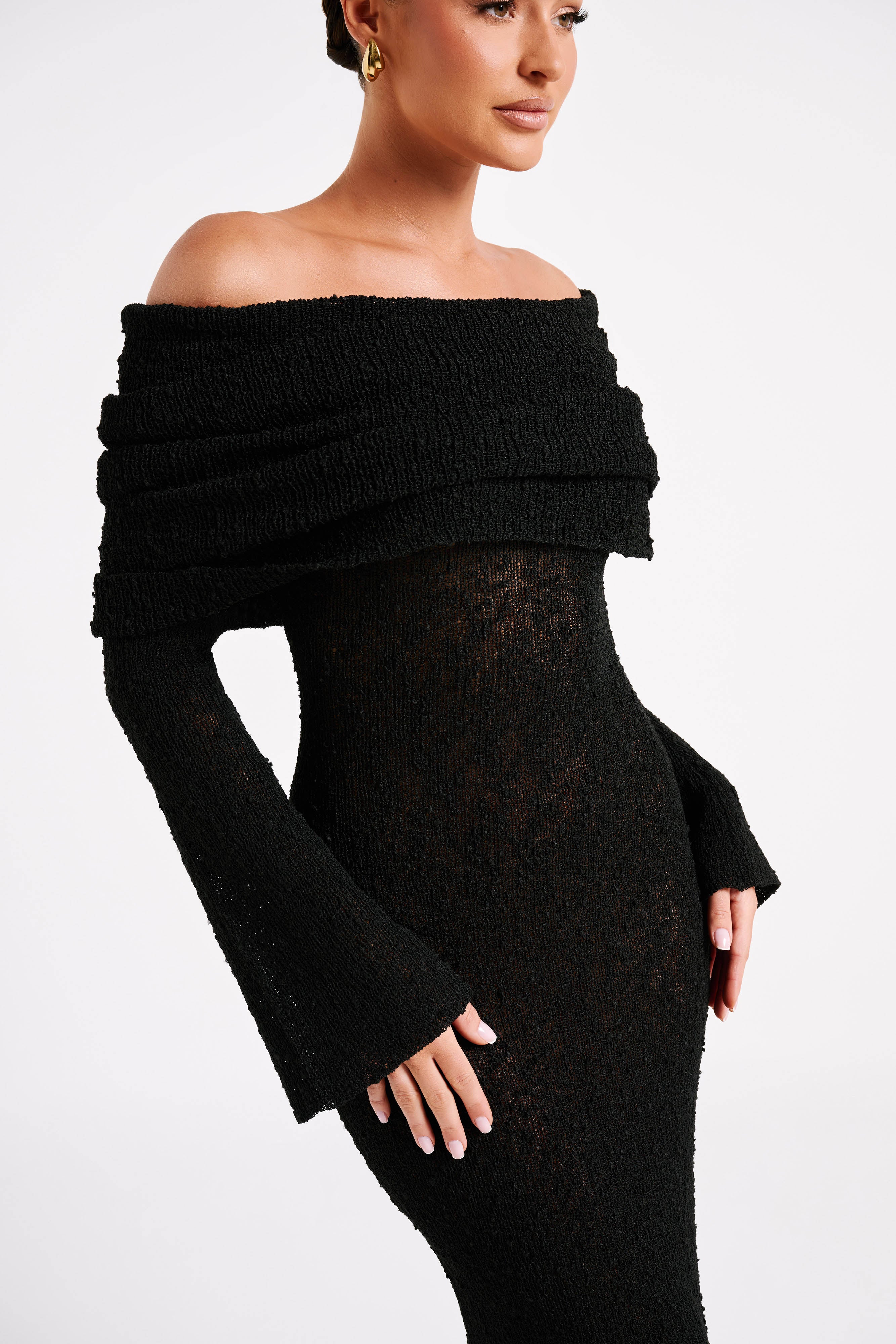 Marisol Off Shoulder Boucle Maxi Dress - Black、mySite、solidvoid