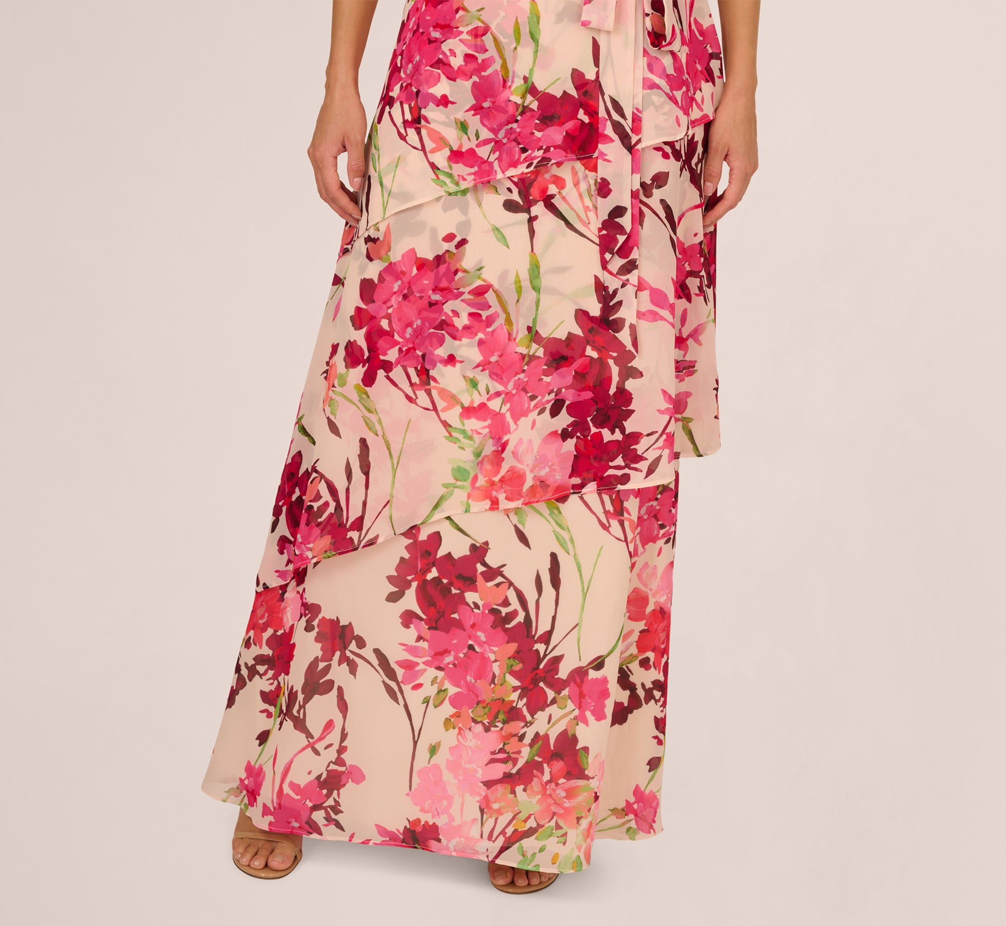 One Shoulder Floral Chiffon Tiered Gown In Alabaster Multi、mySite、solidvoid