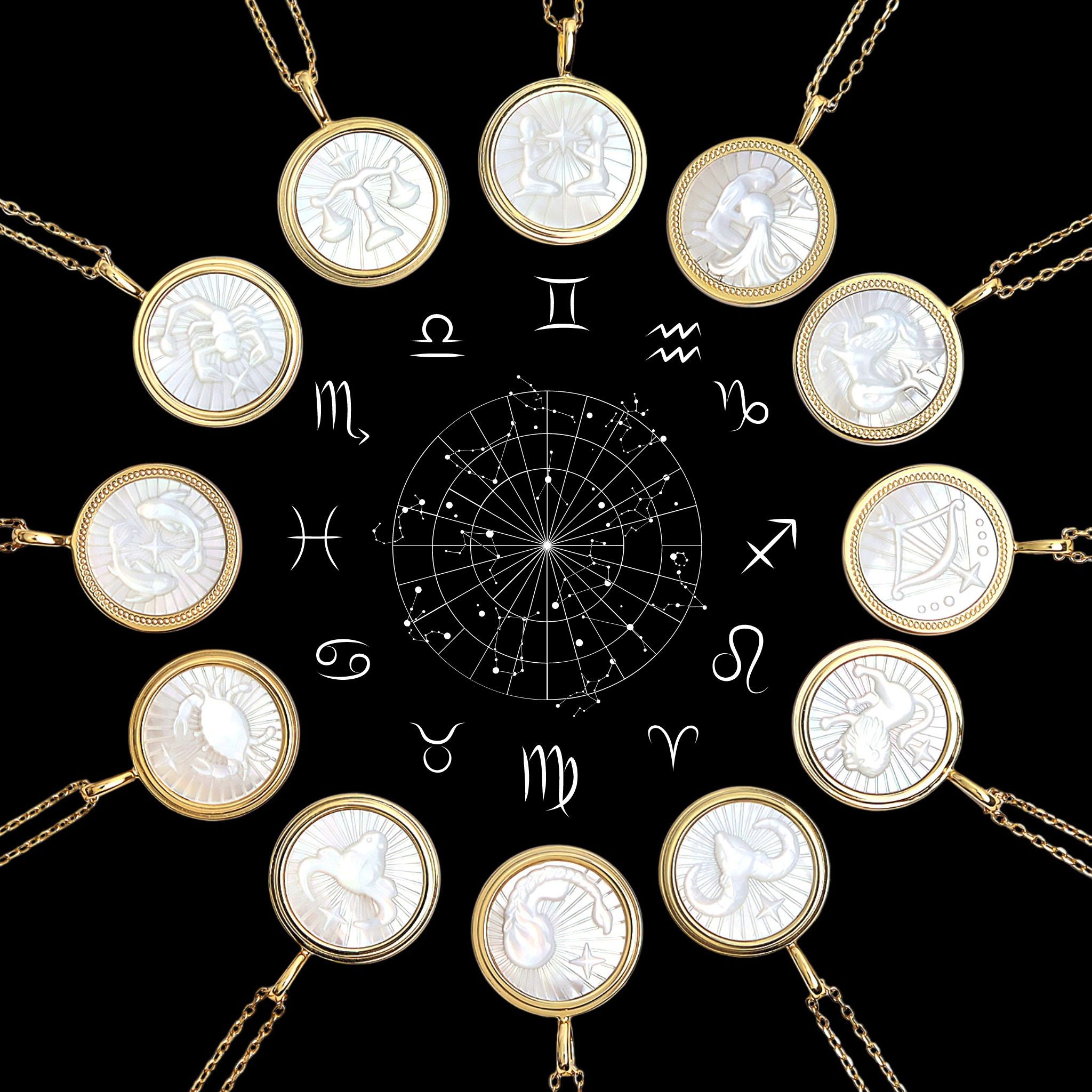 14K Gold Plated Sterling Silver Mother of Pearl Zodiac Pendant Necklace / SBB0354、mySite、dreamappss