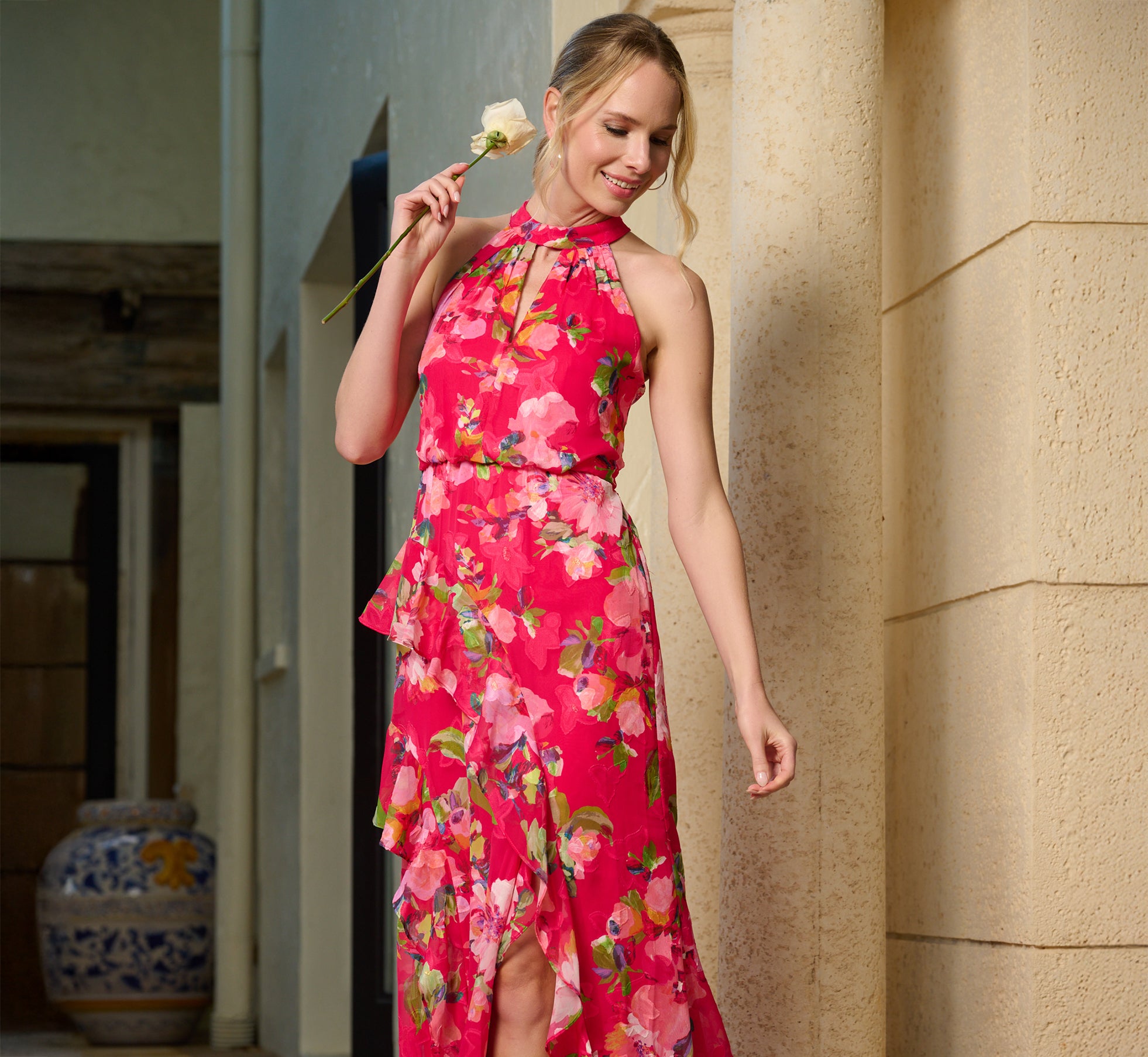 Floral Chiffon Keyhole Halter Maxi Dress In Pink Multi、mySite、solidvoid