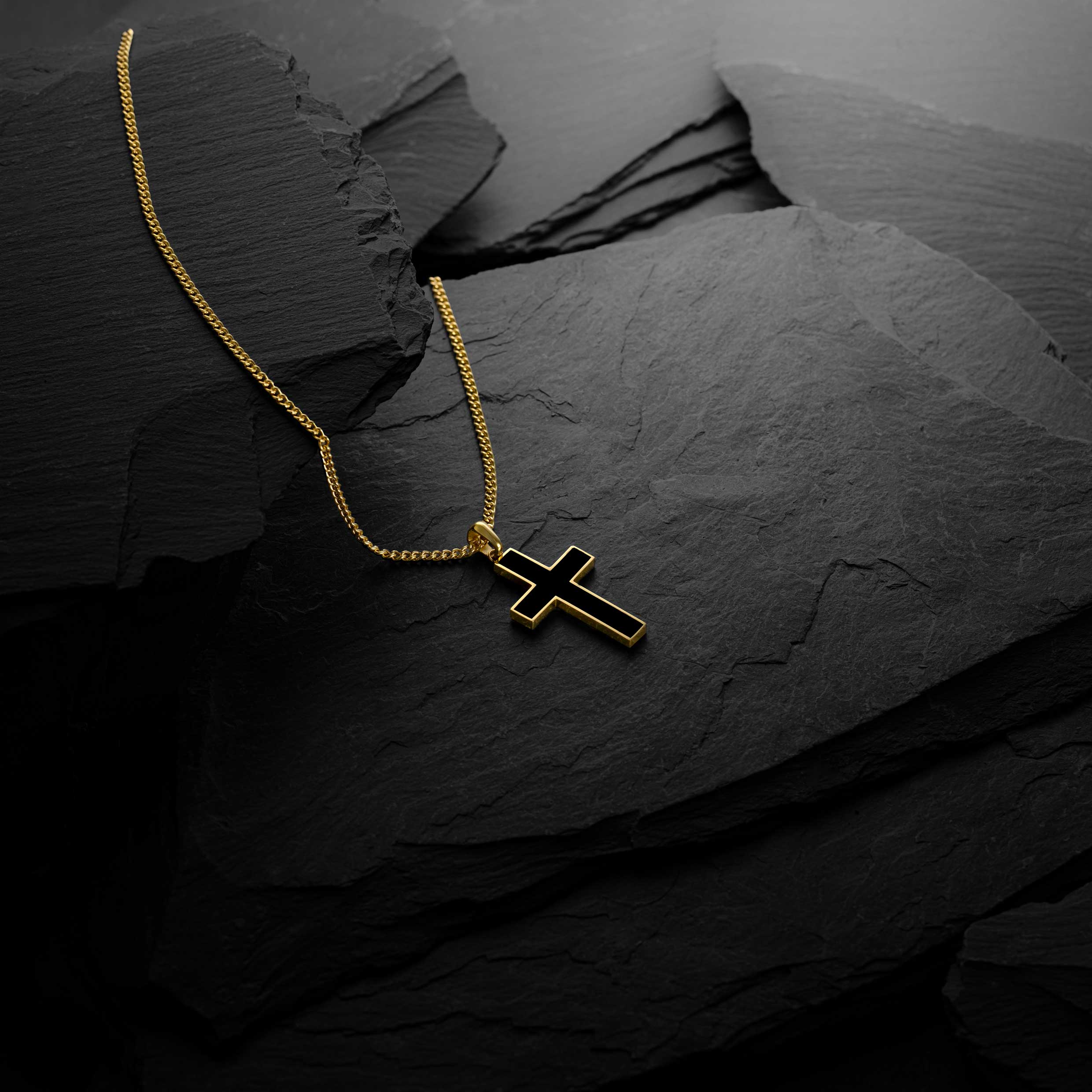  Stone Cross (Large) - 14K Gold Onyx