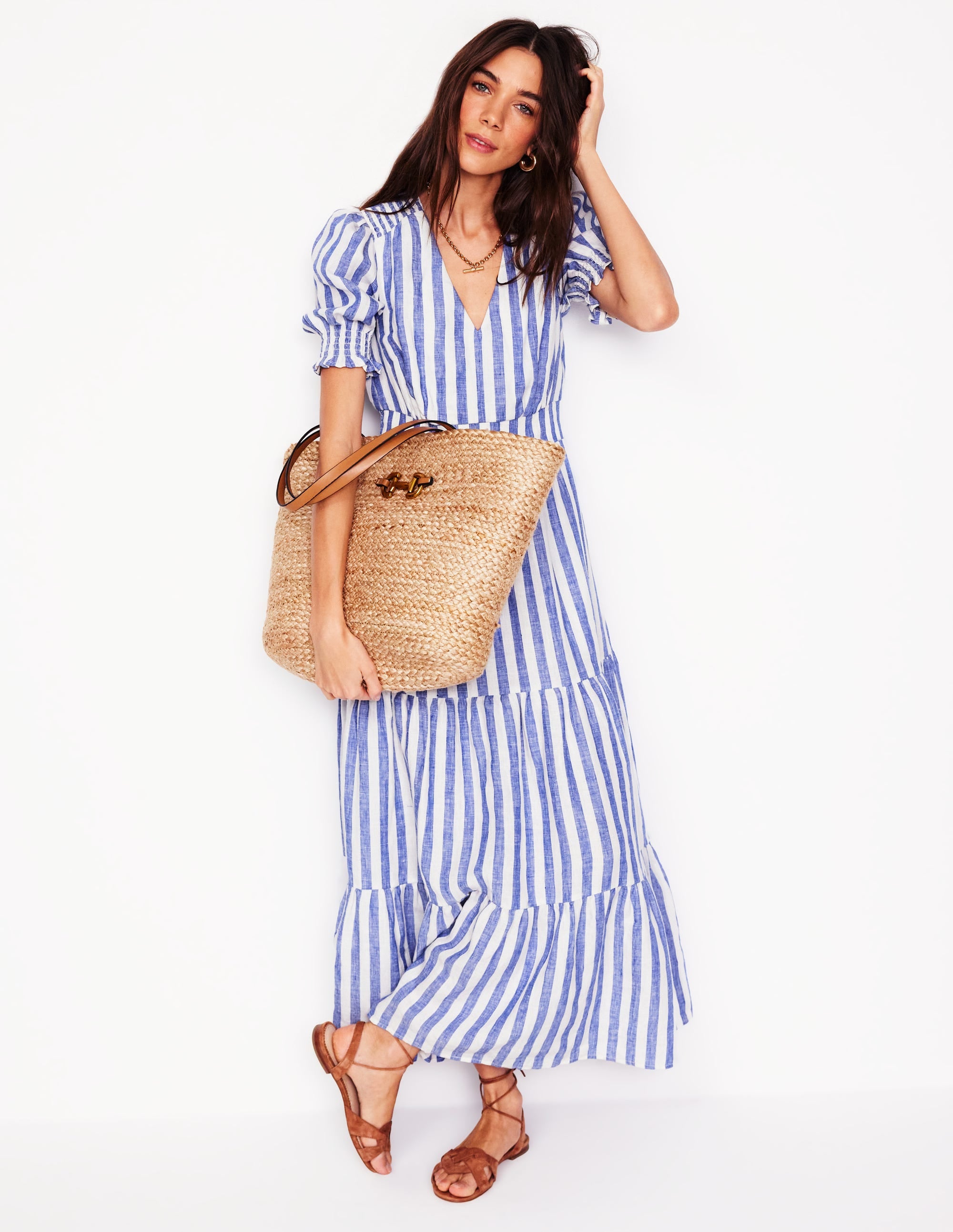  Anna Linen Tiered Midi Dress-Bright Blue Stripe、mySite、ashleygrahame