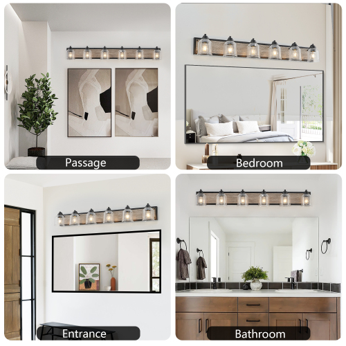 40&quot; Farmhouse Vanity Light Fixture, 5-Light Bathroom Wall Sconce with Clear Seeded Glass Shades, Black and Wood Grain Finish, Modern Industrial Design for Bathroom or Powder Room (No Bulbs)、、eastwooduniform