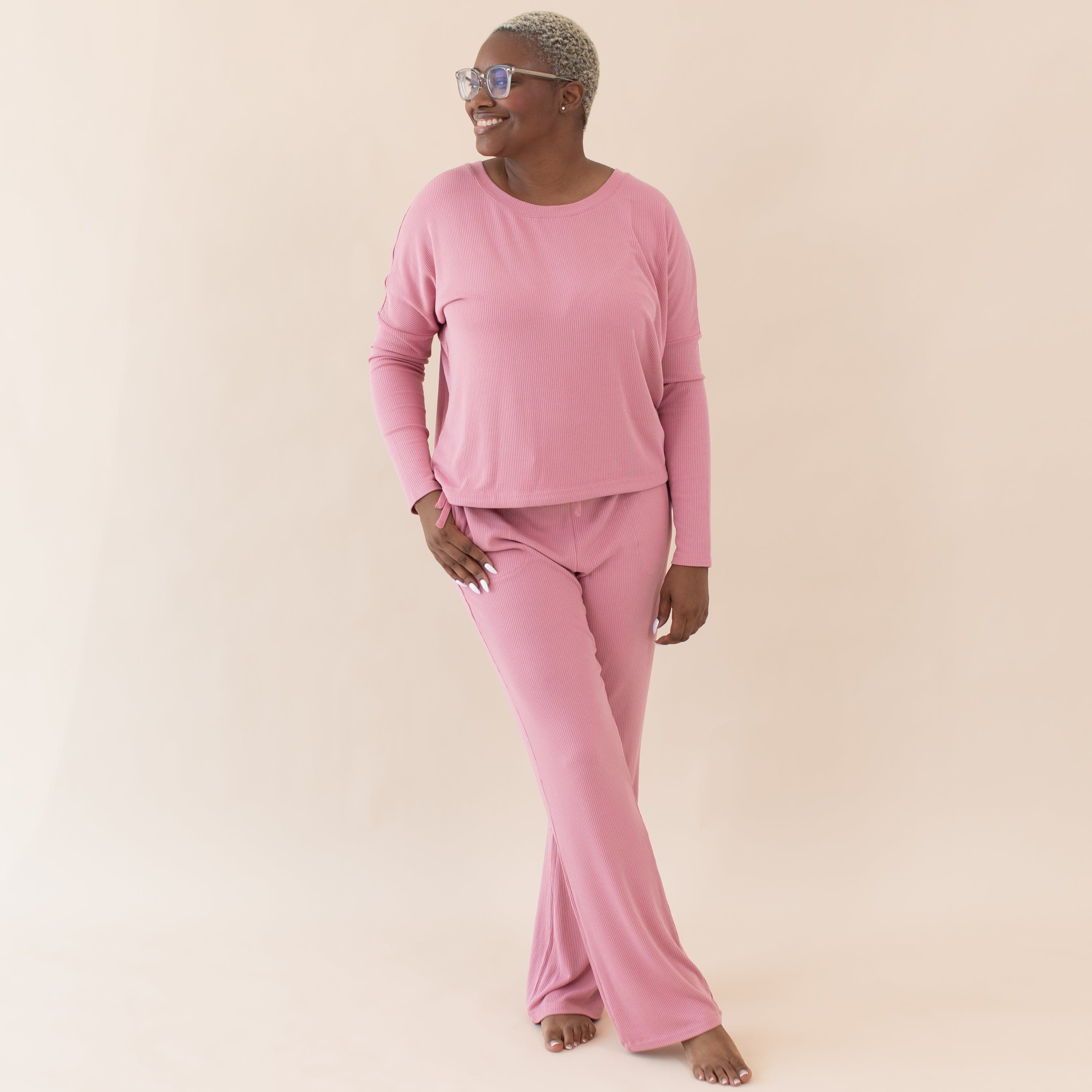  Women's Ribbed Long Sleeve Drop Shoulder Top in Apple Blossom、mySite、layawaytickets