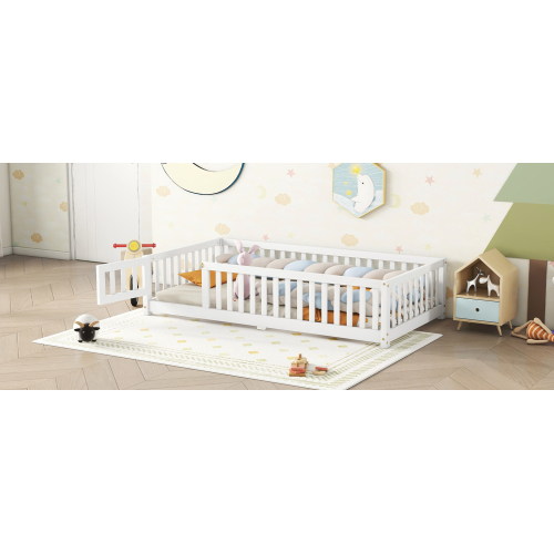 Twin Size Bed Floor Bed with Safety Guardrails and Door for Kids, Natural(Old SKU: W158090686)、、casual