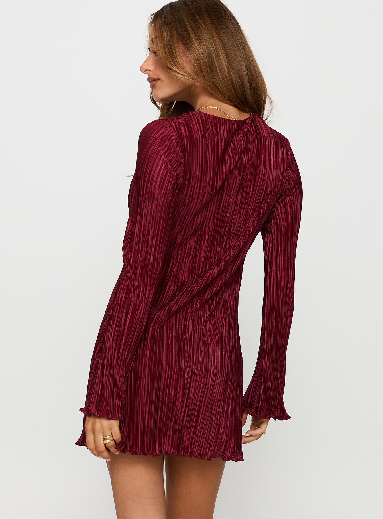 Malop Long Sleeve Mini Dress Burgundy、mySite、solidvoid