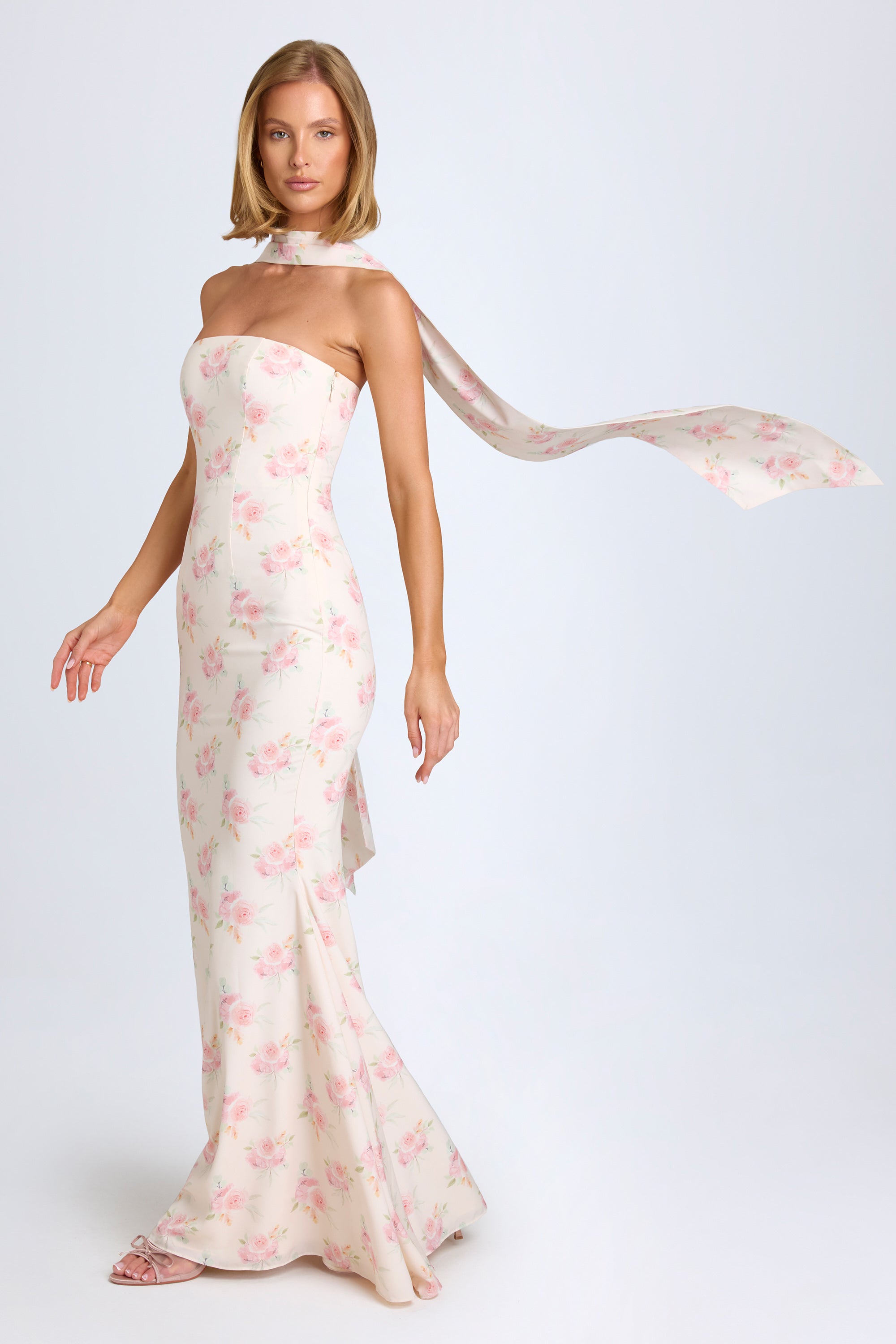 Scarf-Detail Strapless Gown in Large Rose Print、mySite、solidvoid