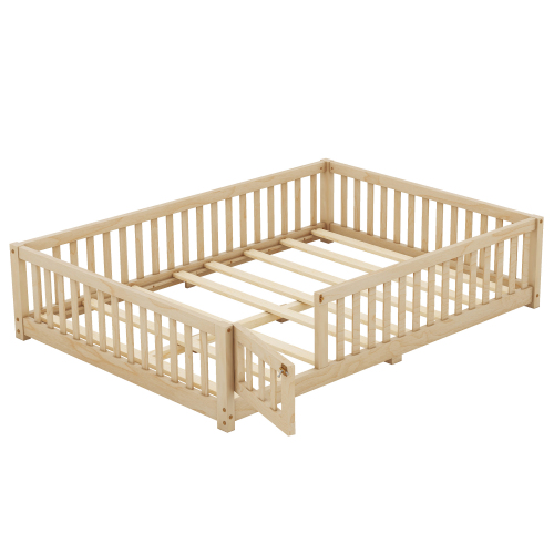 Twin Size Bed Floor Bed with Safety Guardrails and Door for Kids, Natural(Old SKU: W158090686)、、casual