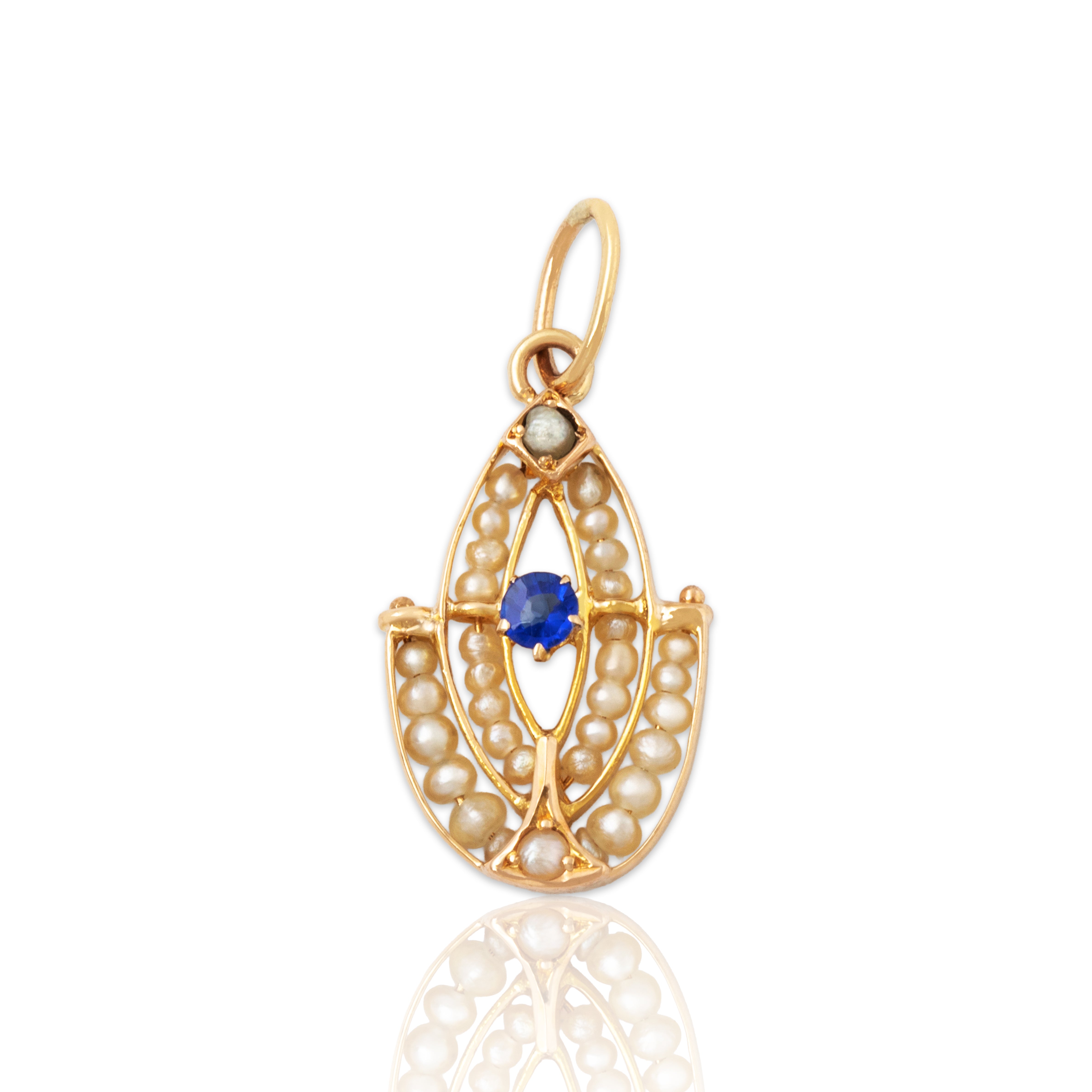 Antique 10k Yellow Gold Cobalt Blue Glass Pearl Geometric Charm / Pendant、mySite、hinf8tx79